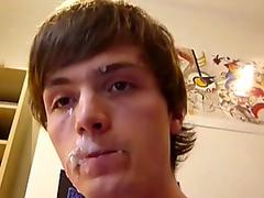 Innocent twink self facial and cum eating - boy cums all over his face then eats it all